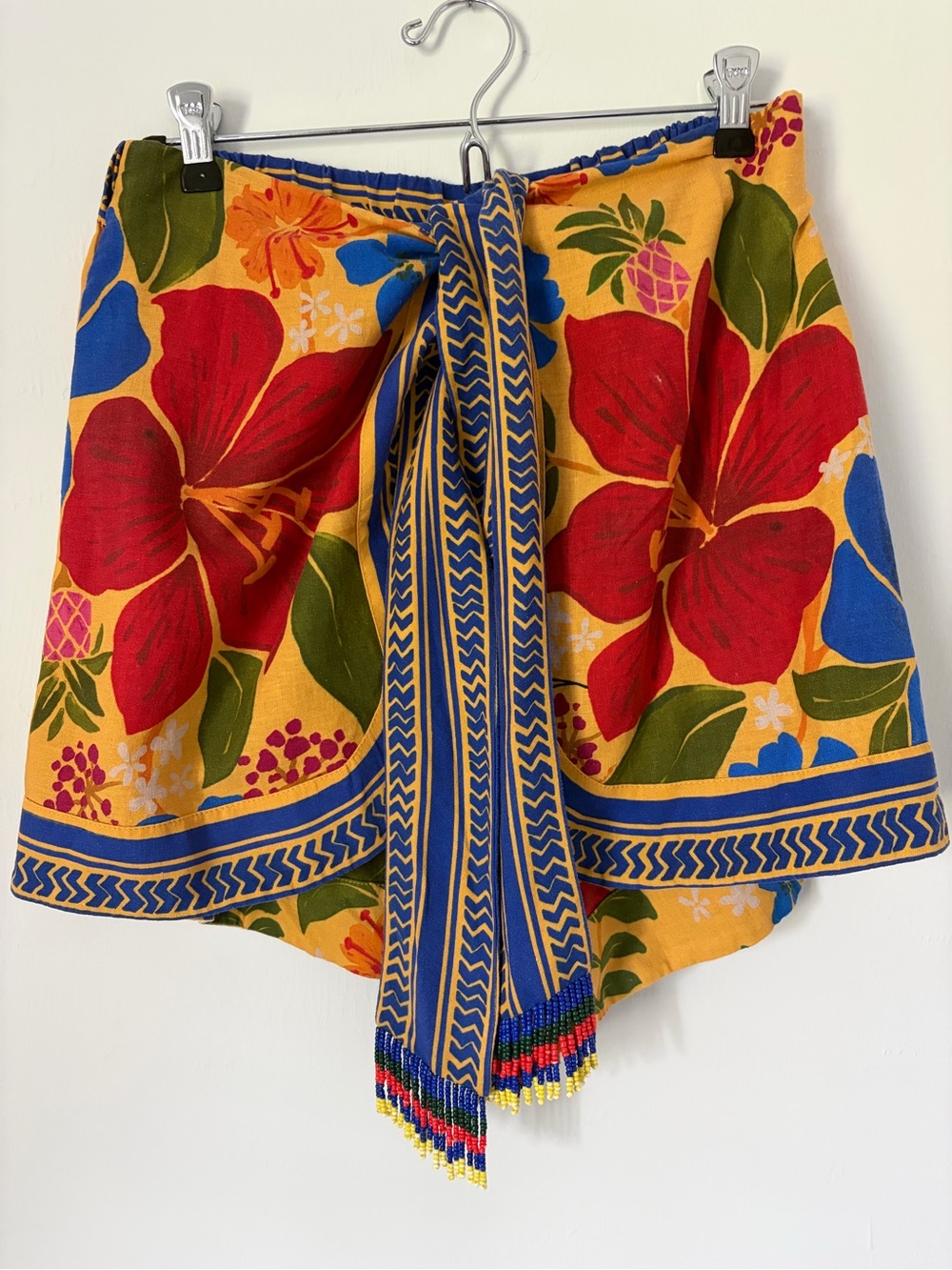 FARM Rio Yellow Tropical Floral Beaded Tie Wrap Shorts Skort